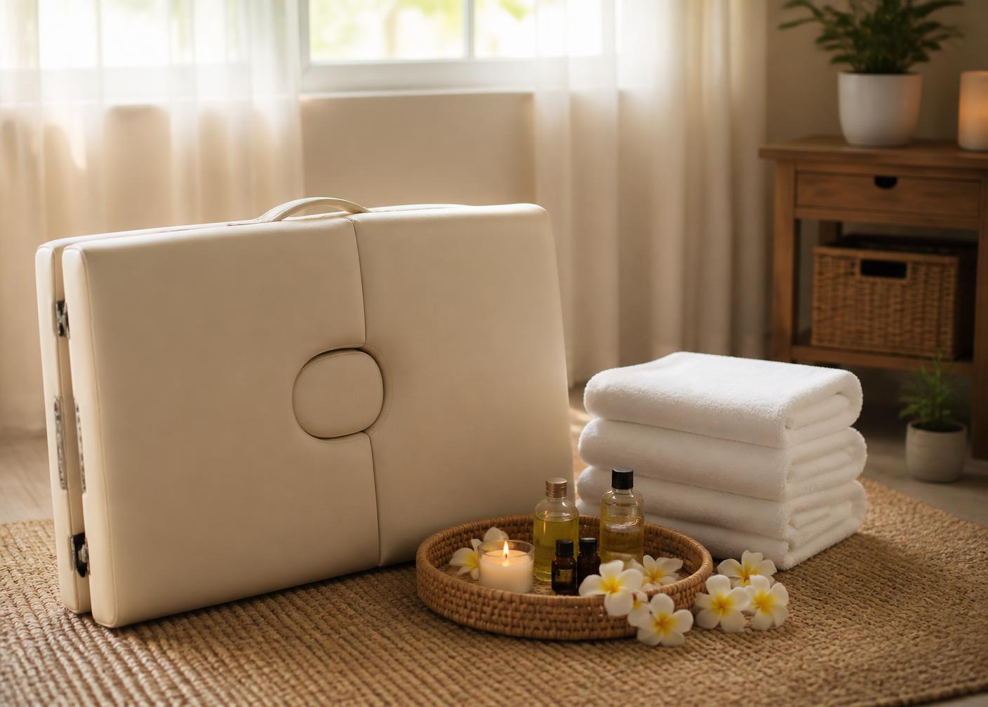 Portable massage table, folded white towels, oils and frangipani flowers prepared in a bright room
