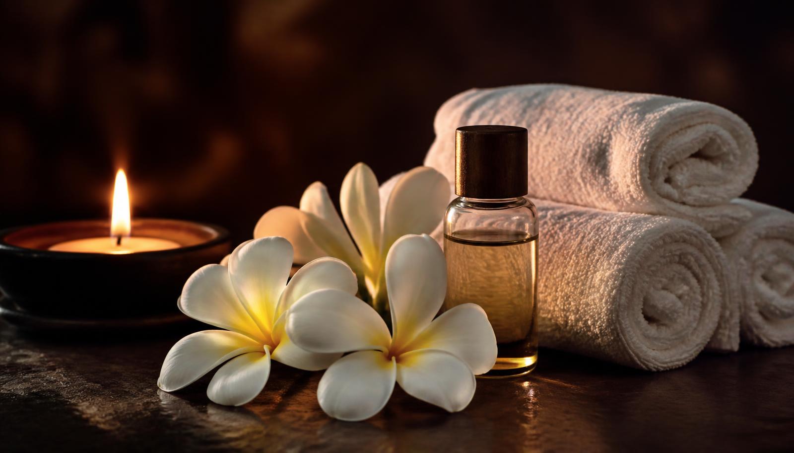 Frangipani flowers, massage oil and rolled towels lit by candlelight