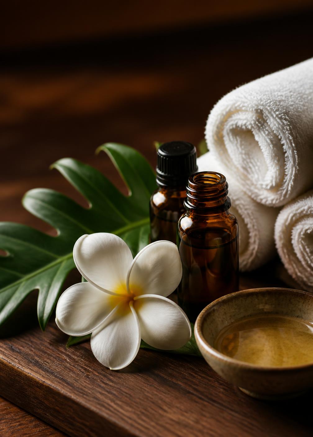 Essential oil bottles, a frangipani flower, and rolled white towels on dark teak wood
