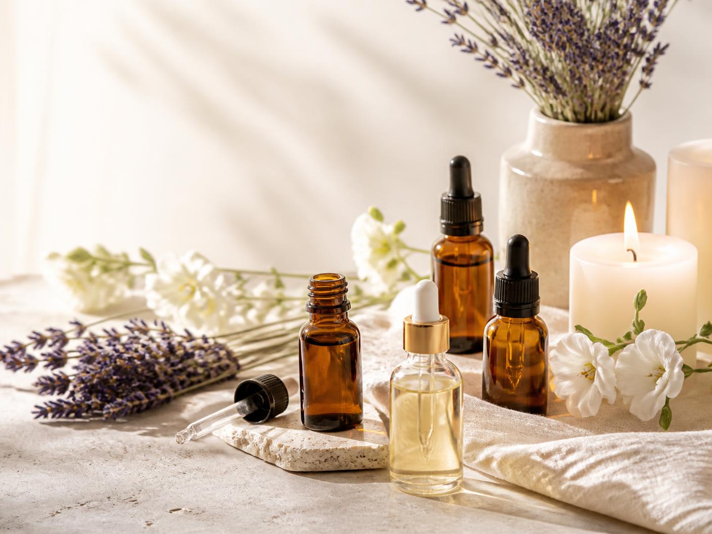 Botol essential oil, lilin menyala, dan bunga putih di atas permukaan batu terang