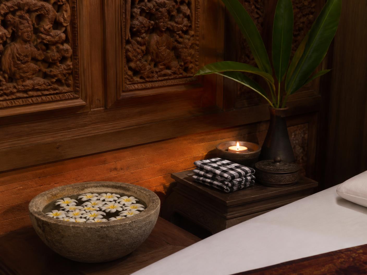 Suasana spa tradisional Bali dengan panel kayu ukir dan bunga kamboja di mangkuk batu