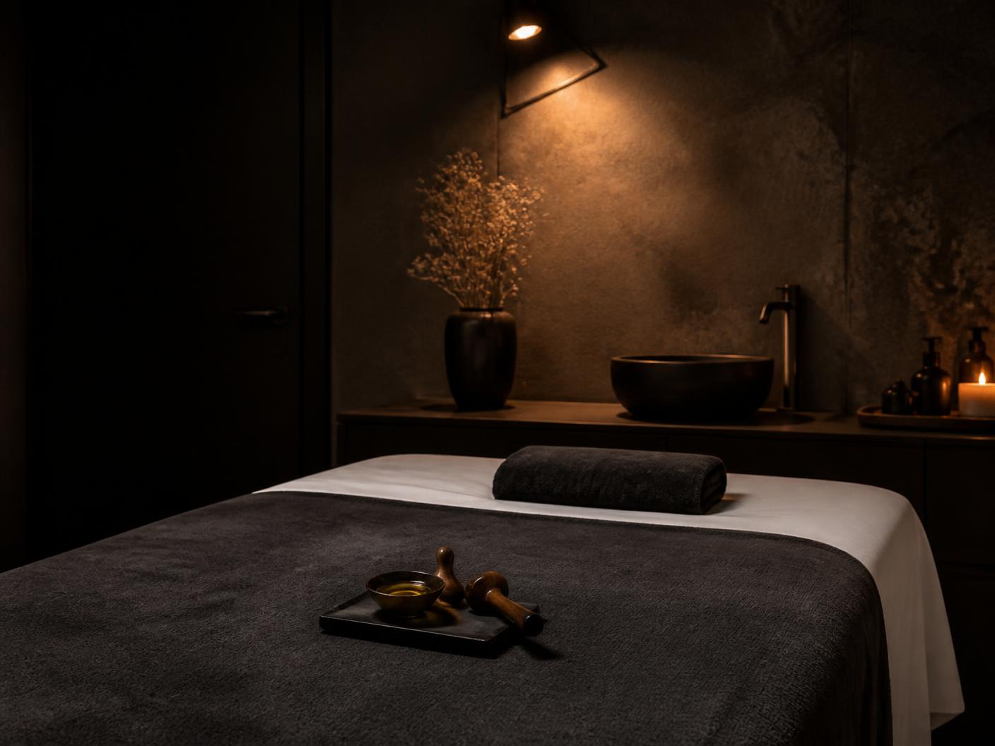 Ruang perawatan dengan pencahayaan lembut, meja massage, handuk gelap, dan nampan minyak massage