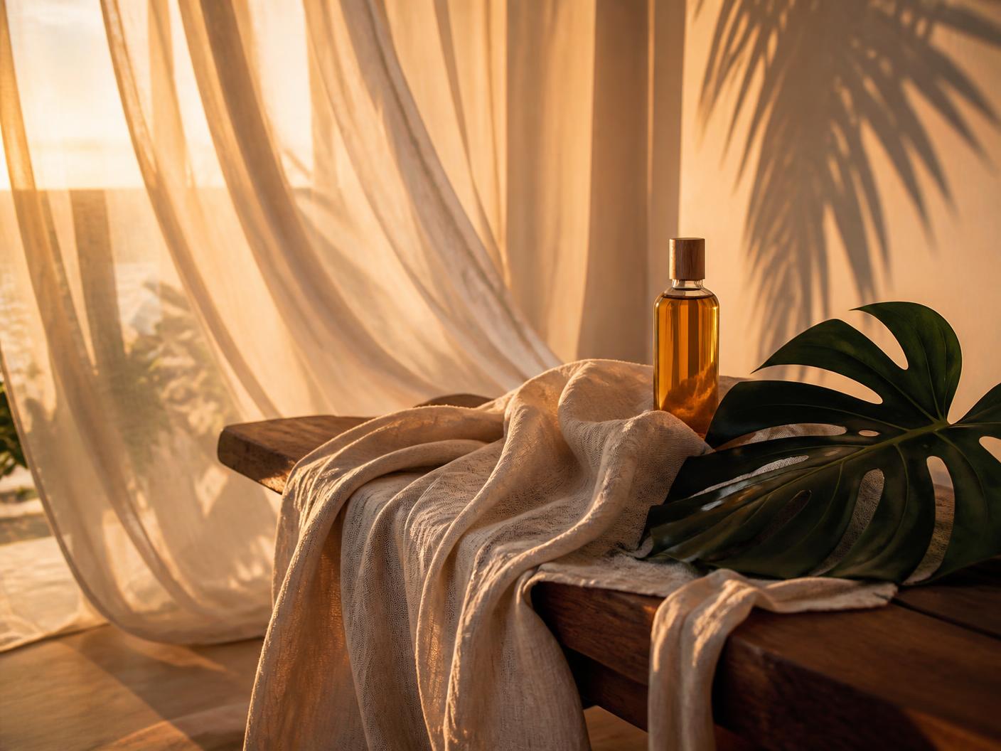 Kain linen yang mengalir dan botol minyak massage keemasan dalam cahaya senja hangat